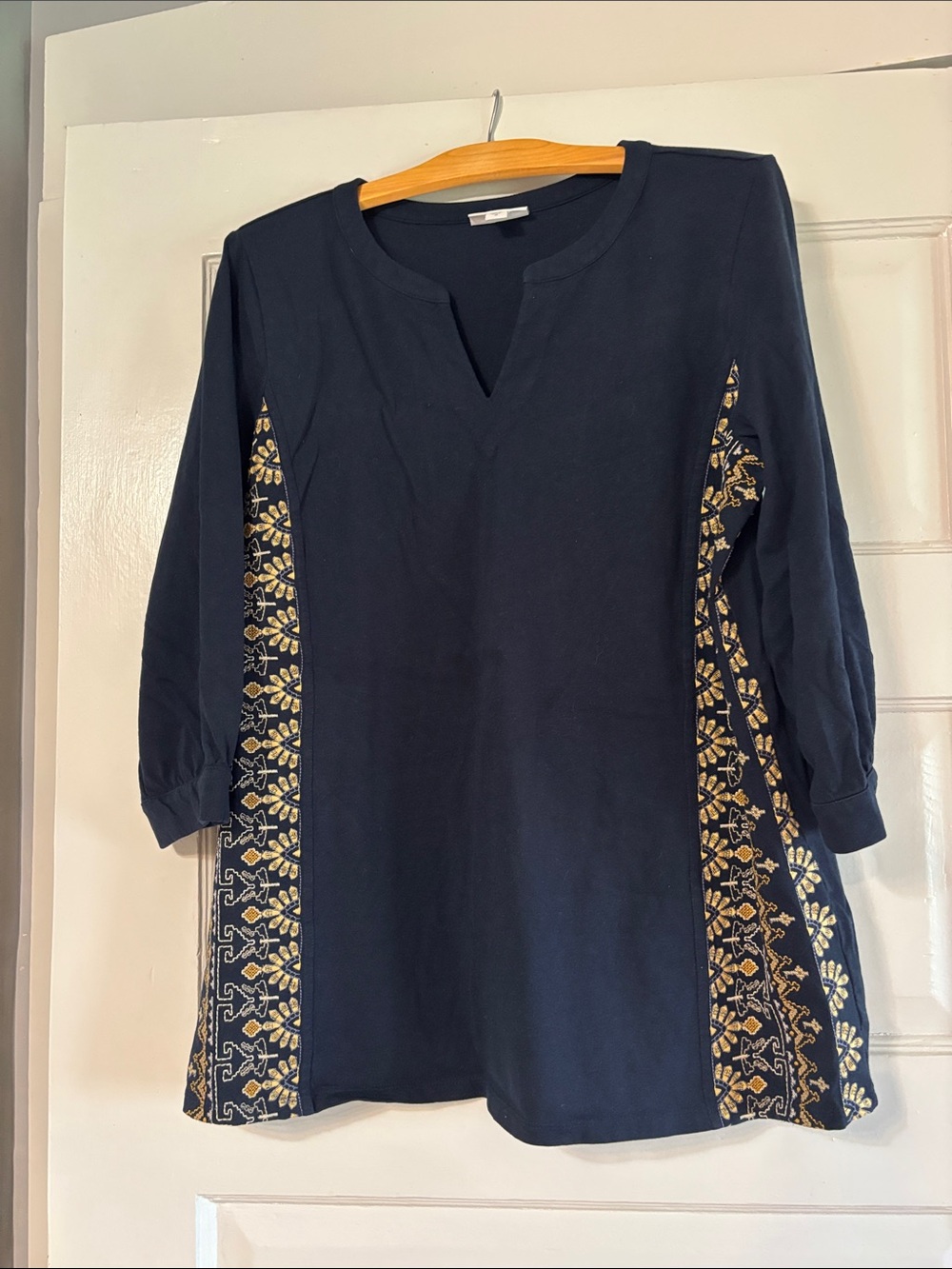 J. Jill Navy Tunic with Gold Embroidered Side Panels